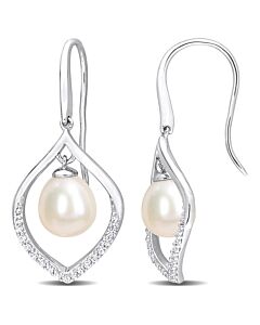 AMOUR 8-8.5mm Freshwater Cultured Pearl and 1/3 CT TGW White Sapphire Open Hook Earrings In Sterling Silver