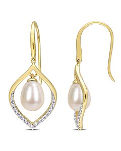 AMOUR 8-8.5mm Freshwater Cultured Pearl and 1/3 CT TGW White Topaz Open Hook Earrings In Yellow Plated Sterling Silver