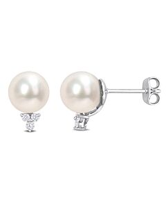 AMOUR 8-8.5mm Freshwater Cultured Pearl and 1/8 CT TW Diamond Pearl Stud Earrings In Sterling Silver