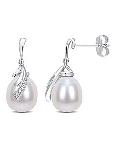 AMOUR 8-8.5mm Freshwater Cultured Pearl and Diamond Accent Feather Earrings In Sterling Silver