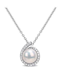 AMOUR 8-8.5mm Freshwater Cultured Pearl and Diamond Accent Halo Pendant with Chain In Sterling Silver