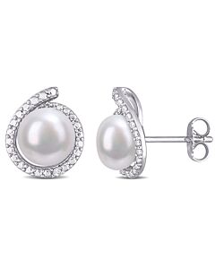 AMOUR 8-8.5mm Freshwater Cultured Pearl and Diamond Accent Halo Stud Earrings In Sterling Silver