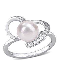 Amour 8-8.5mm Freshwater Cultured Pearl and Diamond Accent Heart Ring in Sterling Silver