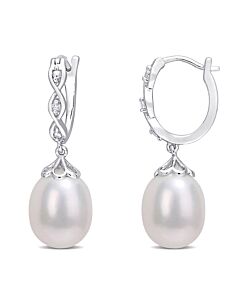 AMOUR 8-8.5mm Freshwater Cultured Pearl and Diamond Accent Infinity Drop Cuff Earrings In Sterling Silver