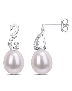 AMOUR 8-8.5mm Freshwater Cultured Pearl and Diamond Accent Peacock Drop Earrings In Sterling Silver