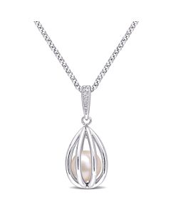 AMOUR 8-8.5mm Freshwater Cultured Pearl and Diamond Accent Pearl Necklace with Chain In Sterling Silver