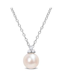 AMOUR 8-8.5mm Freshwater Cultured Pearl and Diamond Accent Pearl Pendant with Chain In Sterling Silver