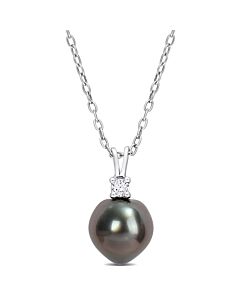 AMOUR 8-9mm Black Tahitian Cultured Pearl and 1/10 CT TGW White Topaz Pendant with Chain In Sterling Silver