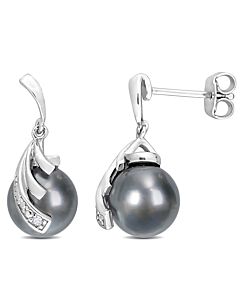 AMOUR 8-9mm Black Tahitian Cultured Pearl and Diamond Accent Feather Earrings In Sterling Silver