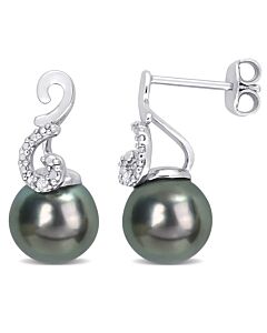 AMOUR 8-9mm Black Tahitian Cultured Pearl and Diamond Accent Swirl Drop Stud Earrings In Sterling Silver