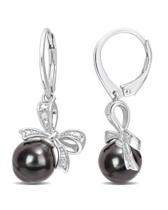 AMOUR 8-9mm Black Tahitian Cultured Pearl and Diamond Accent Bow Leverback Earrings In Sterling Silver