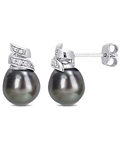 AMOUR 8-9mm Black Tahitian Cultured Pearl and Diamond Accent Swirl Stud Earrings In Sterling Silver