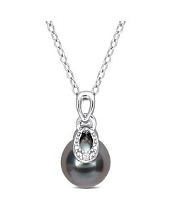 AMOUR 8-9mm Black Tahitian Cultured Pearl and Diamond Accent Drop Pendant with Chain In Sterling Silver