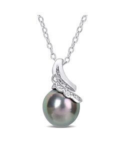 AMOUR 8-9mm Black Tahitian Cultured Pearl and Diamond Accent Twisted Pendant with Chain In Sterling Silver