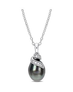 AMOUR 8-9mm Black Tahitian Cultured Pearl and Diamond Accent Swirl Pendant with Chain In Sterling Silver