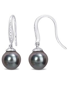 AMOUR 8-9mm Black Tahitian Cultured Pearl and Diamond Accent Shepherd Hook Earrings In Sterling Silver