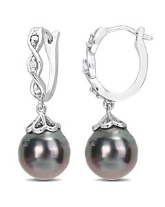 AMOUR 8-9mm Black Tahitian Cultured Pearl and Diamond Accent Infinity Huggie Earrings In Sterling Silver