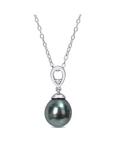 AMOUR 8-9mm Black Tahitian Cultured Pearl and White Topaz Drop Pendant with Chain In Sterling Silver