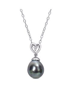 AMOUR 8-9mm Black Tahitian Cultured Pearl and White Topaz Heart Drop Pendant with Chain In Sterling Silver