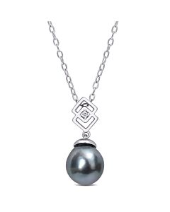 AMOUR 8-9mm Black Tahitian Cultured Pearl and White Topaz Lozenge Drop Pendant with Chain In Sterling Silver