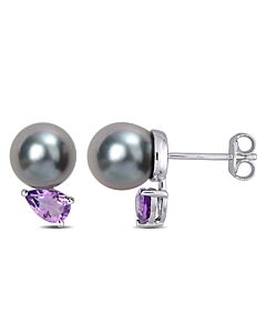 AMOUR 8-9mm Black Tahitian Cultured Pearl and 3/4 CT TGW African Amethyst Stud Earrings In Sterling Silver