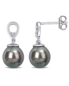 AMOUR 8-9mm Black Tahitian Cultured Pearl and White Topaz Drop Earrings In Sterling Silver