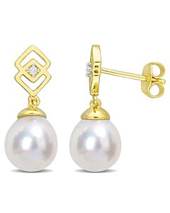 AMOUR 8-9mm South Sea Cultured Pearl and White Topaz Drop Earrings In Yellow Plated Sterling Silver
