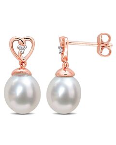 AMOUR 8-9mm South Sea Cultured Pearl and White Topaz Drop Earrings In Rose Plated Sterling Silver