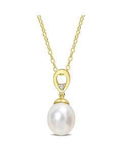 AMOUR 8-9mm South Sea Cultured Pearl and White Topaz Drop Pendant with Chain In Yellow Plated Sterling Silver