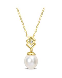 AMOUR 8-9mm South Sea Cultured Pearl and White Topaz Drop Pendant with Chain In Yellow Plated Sterling Silver