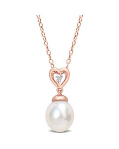 AMOUR 8-9mm South Sea Cultured Pearl and White Topaz Drop Pendant with Chain In Rose Plated Sterling Silver