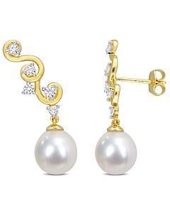 AMOUR 8-9mm South Sea Cultured Pearl and 5/8 CT TGW Created White Sapphire Infinity Drop Earrings In Yellow Plated Sterling Silver