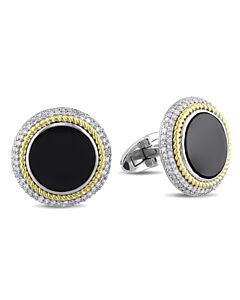 AMOUR 8 CT TGW Black Onyx and 7/8 CT TW Diamond Round Multi-halo Cufflinks In 2-Tone 14K Yellow Gold Mixed with Sterling Silver