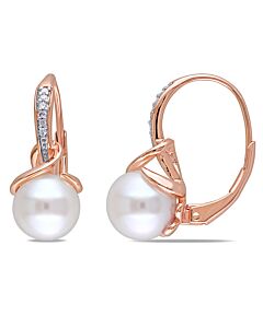 AMOUR 8 Mm White Cultured Freshwater Pearl and Diamond Leverback Twist Earrings In Rose Plated Sterling Silver