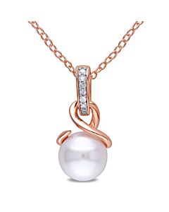 AMOUR 8 Mm White Cultured Freshwater Pearl and Diamond Twist Pendant with Chain In Rose Plated Sterling Silver