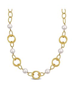 AMOUR 9-10mm Cultured Freshwater Pearl and Circle Rings Station Necklace In Yellow Plated Sterling Silver