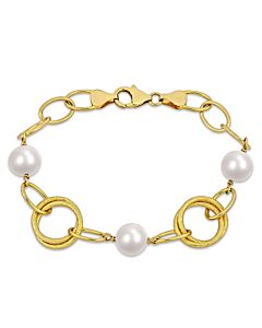 AMOUR 9-10mm Cultured Freshwater Pearl Circle Link Bracelet In Yellow Plated Sterling Silver