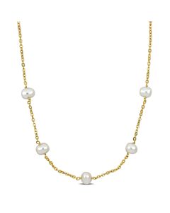 AMOUR 9-10mm Cultured Freshwater Pearl Station Necklace In Yellow Plated Sterling Silver