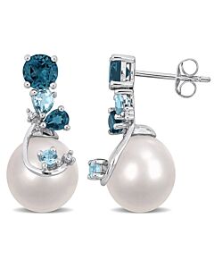 AMOUR 9-10mm Freshwater Cultured Pearl 2 CT TGW London & Sky Blue Topaz and Diamond Accent Pearl Earrings In Sterling Silver