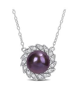 AMOUR 9.5-10mm Black Freshwater Cultured Pearl and 1/6 CT TGW White Topaz Floral Pendant with Chain In Sterling Silver