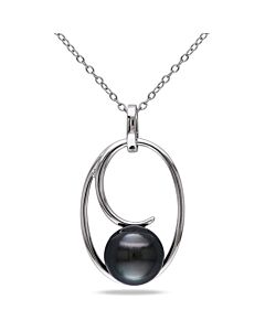 AMOUR 9.5 - 10 Mm Black Tahitian Cultured Pearl Geometric Pendant with Chain In Sterling Silver