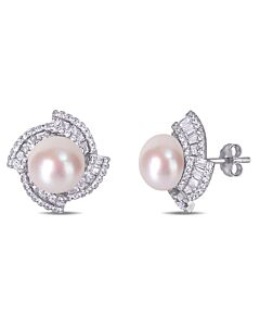 AMOUR 9.5 - 10 Mm Cultured Freshwater Pearl and 2 1/8 CT TGW Cubic Zirconia Geometric Stud Earrings In Sterling Silver