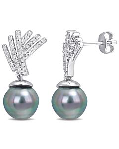 AMOUR 9.5-10mm Black Tahitian Cultured Pearl and Diamond Accent Drop Earrings In Sterling Silver