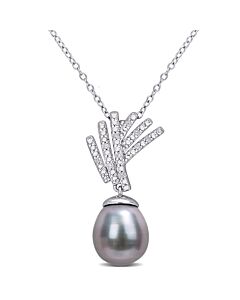 AMOUR 9.5-10mm Black Tahitian Cultured Pearl and Diamond Accent Drop Pendant with Chain In Sterling Silver