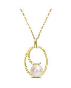 AMOUR 9.5-10mm Cultured Freshwater Pearl Geometric Pendant with Chain In Yellow Plated Sterling Silver