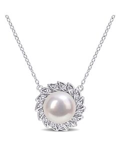 AMOUR 9.5-10mm Freshwater Cultured Pearl and 1/6 CT TGW Created White Sapphire Halo Pearl Pendant with Chain In Sterling Silver