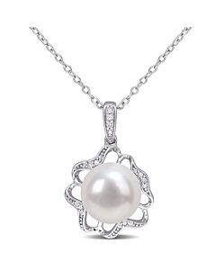 AMOUR 9.5-10mm Freshwater Cultured Pearl and Diamond-accent Floral Pendant with Chain In Sterling Silver