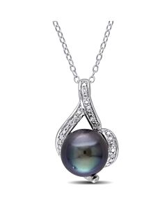 AMOUR 9 - 9.5 Mm Black Tahitian Pearl and Diamond Curlicue Pendant with Chain In Sterling Silver