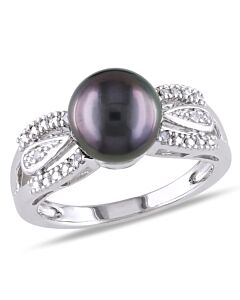 Amour 9 - 9.5 MM Black Tahitian Pearl and Diamond Split Shank Ring in Sterling Silver