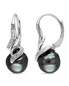 AMOUR 9 - 9.5 Mm Black Tahitian Pearl and Diamond Twist Leverback Drop Earrings In Sterling Silver